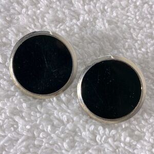 Vintage Black and Silver Tone Round Clip On Earrings